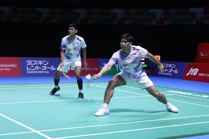 Ganda putra Indonesia, Muhammad Shohibul Fikri/Daniel Marthin saat menjalani babak kedua Japan Open 2024 di Yokohama Arena, Kanagawa, Jepang, Kamis (22/8/2024).