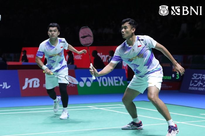 Ganda putra Indonesia, Leo Rolly Carnando/Bagas Maulana, saat tampil pada babak 16 besar Japan Open 2024 di Kanagawa, Jepang, 22 Agustus 2024.