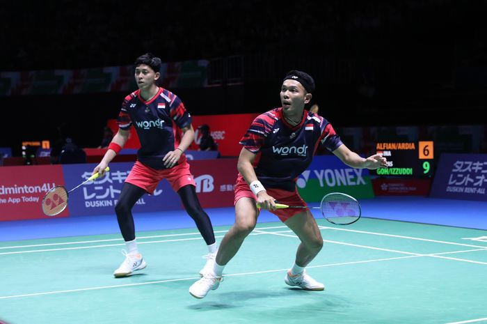 Ganda putra Indonesia, Fajar Alfian/Muhammad Rian Ardianto saat tampil pada perempat final Japan Open 2024 di Yokohama Arena, Kanagawa, Jepang, Jumat (23/8/2024).