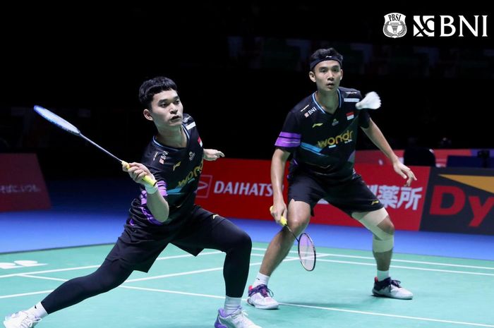 Ganda putra Indonesia, Leo Rolly Carnando/Bagas Maulana, saat tampil pada perempat final Japan Open 2024 di Kanagawa, Jepang, 23 Agustus 2024.