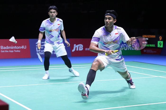 Pasangan ganda putra Indonesia, Leo Rolly Carnando/Bagas Maulana, pada semifinal Japan Open 2024 di Yokohama Arena, Sabtu (24/8/2024).