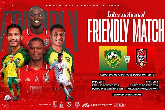 Malut United FC akan menghadapi Kedah Darul Aman FC dalam 2 laga uji coba di ajang Nusantara Challenge 2024 pada 28 dan 30 Agustus di Stadion Darul Aman, Malaysia.