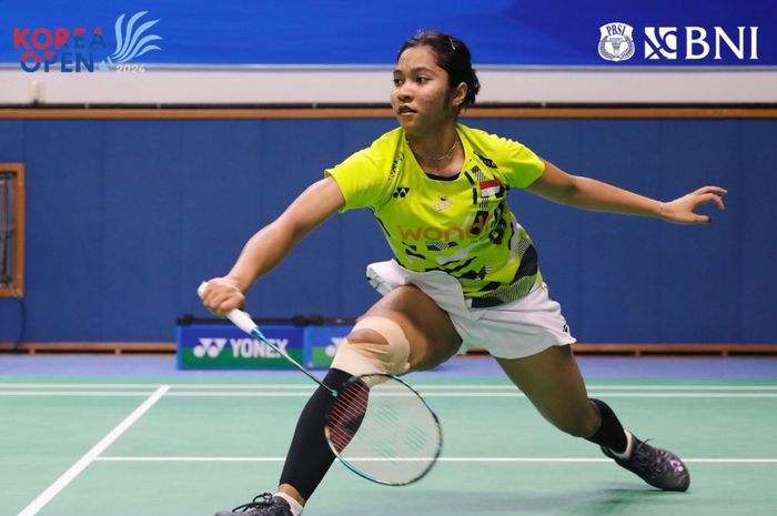 Tungga putri Indonesia, Ester Nurumi Tri Wardoyo, saat tampil pada babak pertama Korea Open 2024 di Mokpo Indoor Stadium, Seoul, Korea Selatan, 28 Agustus 2024.