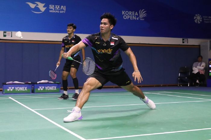 Aksi Muhammad Shohibul Fikri/Daniel Marthin pada babak babak 32 besar Korea Open 2024 di Mokpo Indoor Stadium, Mokpo, Korea Selatan, Selasa (27/8/2024).