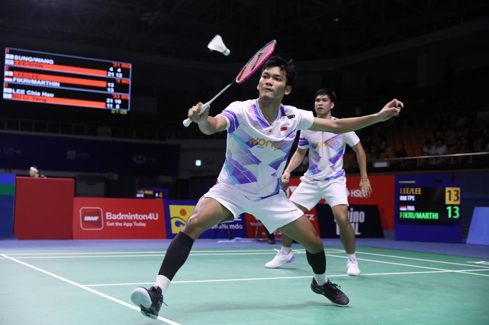 Pasangan ganda putra Indonesia, Muhammad Shohibul Fikri/Daniel Marthin, pada babak kedua Korea Open 2024 di Mokpo Indoor Stadium, Mokpo, Korea Selatan, Kamis (29/8/2024).