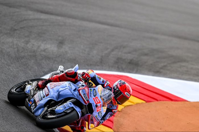 Aksi Marc Marquez (Gresini Ducati) pada sesi Practice MotoGP Aragon 2024 di Sirkuit Aragon, Alcaniz, Spanyol, Jumat (30/8/2024).