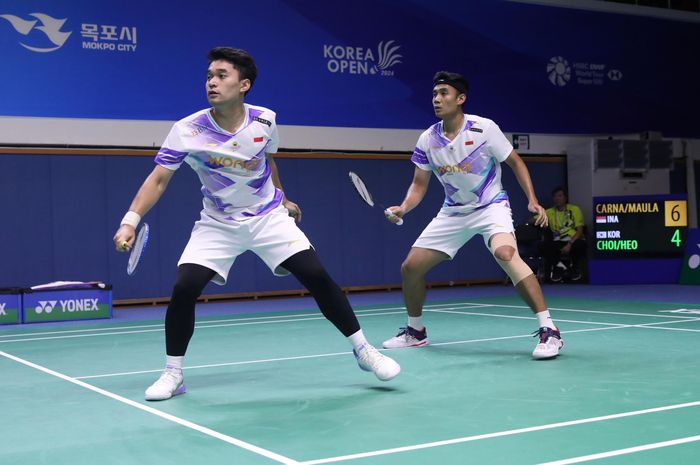 Ganda putra Indonesia, Leo Rolly Carnando/Bagas Maulana, saat tampil pada perempat final Korea Open 2024 di Mokpo Indoor Stadium, Seoul, Korea Selatan, 30 Agustus 2024.