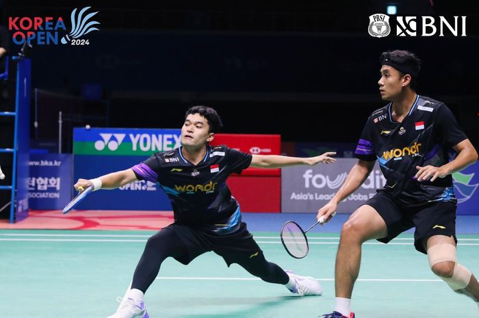 Ganda putra Indonesia, Leo Rolly Carnando/Bagas Maulana, saat tampil pada semifinal Korea Open 2024 di Mokpo Indoor Stadium, Seoul, Korea Selatan, 31 Agustus 2024.