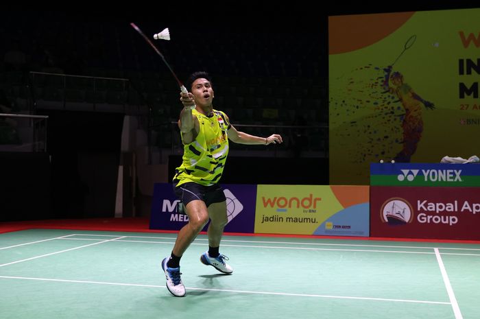 Tunggal putra Indonesia, Yohanes Saut Marcellyno, saat tampil pada semifinal Indonesia Masters 2024 Super 100 di GOR Remaja, Pekanbaru, Riau, Sabtu (31/8/2024).