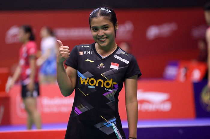 Selebrasi tunggal putri Indonesia, Gregoria Mariska Tunjung usai menang pada babak pertama Hong Kong Open 2024