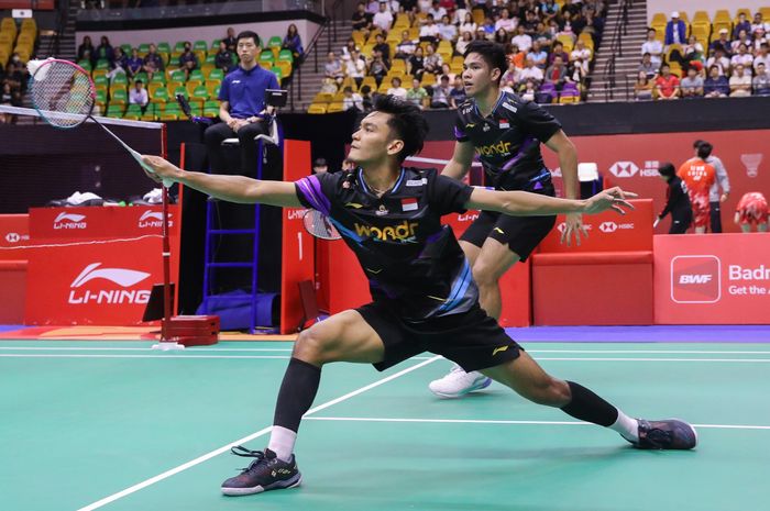 Ganda putra Indonesia, Muhammad Shohibul Fikri/Bagas Maulana, saat tampil pada perempat final Hong Kong Open 2024 di Hong Kong Coliseum, Kowloon, Hong Kong, 13 September 2024.