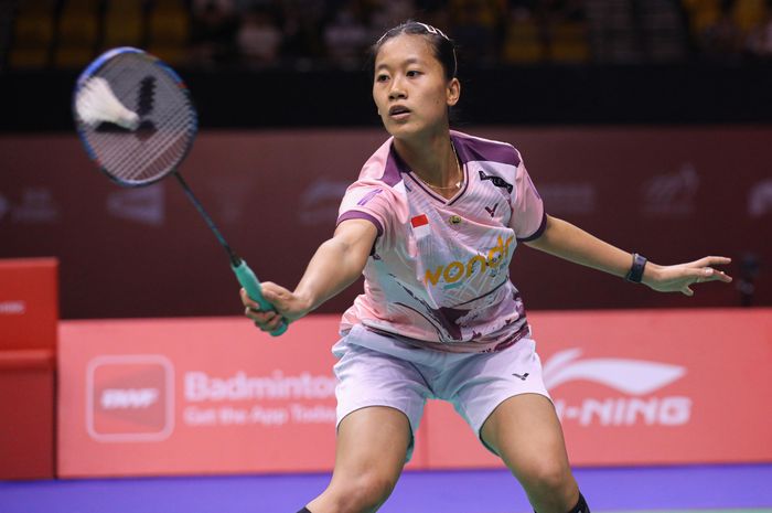 Pebulu tangkis tunggal putri Indonesia, Putri Kusuma Wardani, pada babak semifinal Hong Kong Open 2024 di Hong Kong Coliseum, Sabtu (14/9/2024).