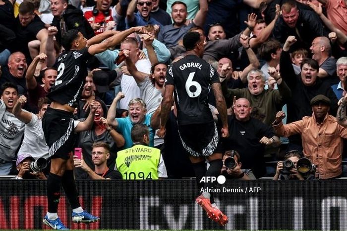 Bek Arsenal Gabriel Magalhaes mencetak gol kemenangan Arsenal (1-0) atas tuan rumah Tottenham Hotspur di laga pekan keempat Liga Inggris 2024/2025.