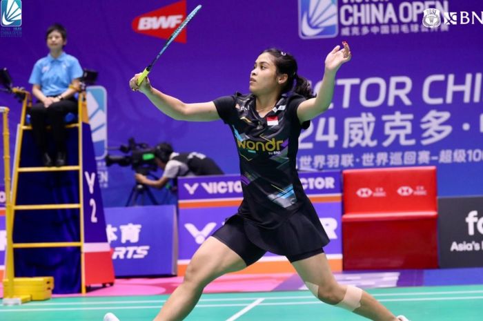 Tunggal putri Indonesia, Gregoria Mariska Tunjung saat bermain pada babak 32 besar China Open 2024 di Changzhou Olympic Sport Center Gymnasium, Changzhou, China, pada Rabu (18/9/2024).