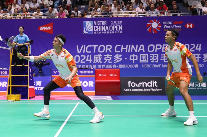 Aksi ganda putra Indonesia, Fajar Alfian/Muhammad Rian Ardianto pada babak pertama China Open 2024, Rabu (18/9/2024)