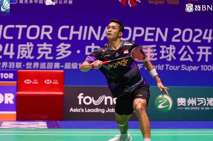 Jonatan Christie mengalahkan Toma Junior Popov pada babak kedua China Open 2024 di Changzhou Olympic Sport Center Gymnasium, Changzhou, China, pada Kamis (19/9/2024).