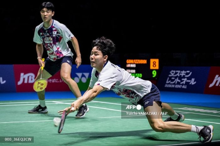 Ganda putra Korea Selatan, Kang Min-hyuk/Seo Seung-jae pada final Japan Open 2024 di Yokohama, Jepang, 25 Agustus 2024.