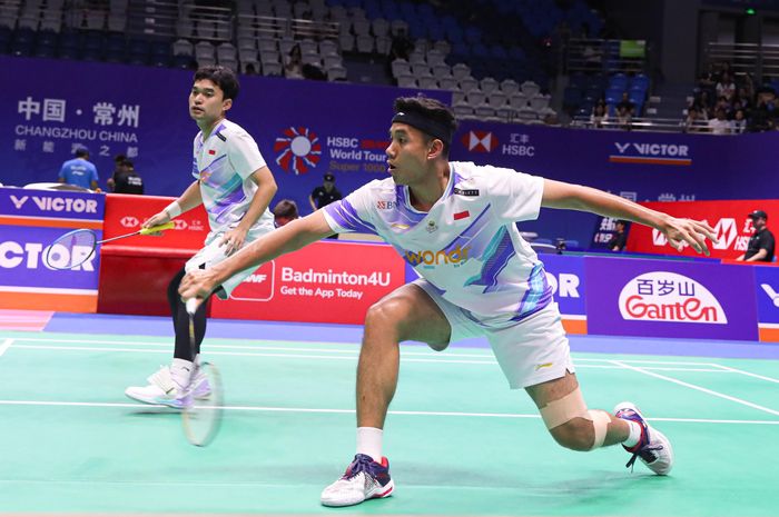 Aksi Leo Rolly Carnando/Bagas Maulana pada babak kedua China Open 2024 di Changzhou, Olympic Sport Center Gymnasium, Changzhou, China, pada Kamis (19/9/2024).