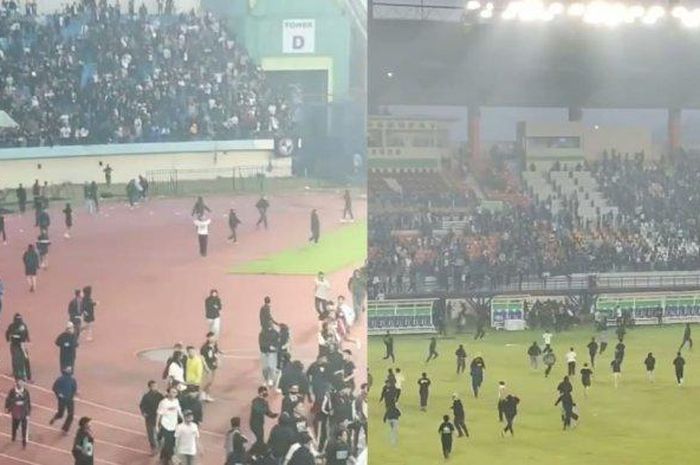 Kolase kejadian kerusuhan pasca-laga Persib Bandung Vs Persija Jakarta di Stadion Si Jalak Harupat, Soreang, Senin (23/9/2024) sore WIB.