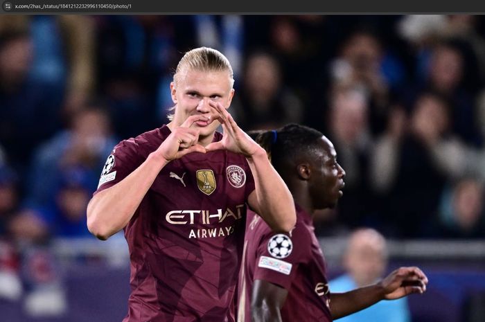 Selebrasi penyerang Manchester City, Erling Haaland, usai menjebol gawang Slovan Bratislava pada matchday kedua Liga Champions 2024-2025, Selasa (1/10/2024) atau Rabu dini hari WIB.