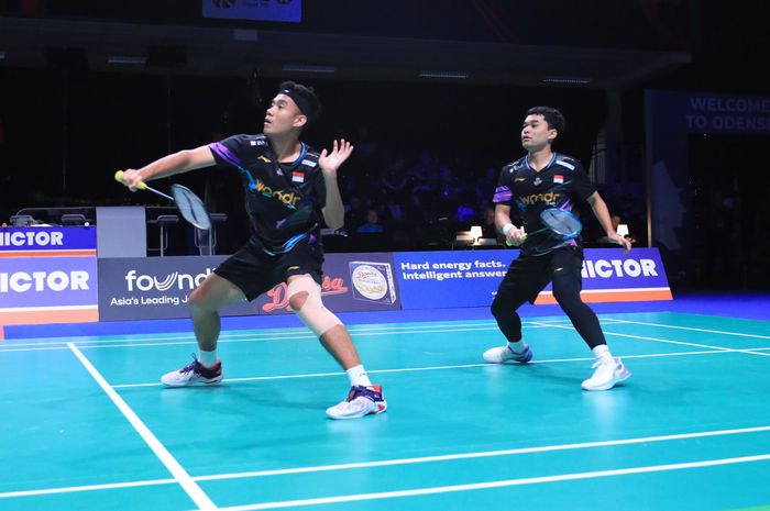 Pasangan ganda putra, Leo Rolly Carnando/Bagas Maulana, pada babak pertama Denmark Open 2024 di Jsyke Bank Arena, Odense, Denmark, Selasa (15/10/2024)