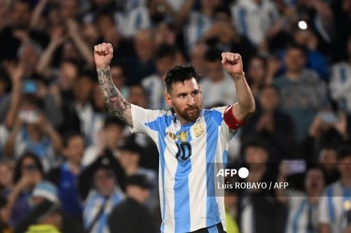 Penyerang sekaligus kapten Timnas Argentina, Lionel Messi, berselebrasi usai mencetak gol ke gawang Bolivia dalam lanjutan Kualifikasi Piala Dunia 2026 zona CONMEBOL.