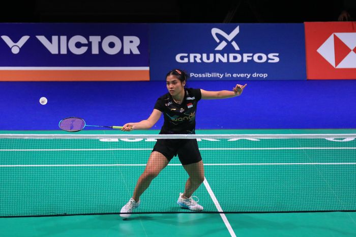 Pebulu tangkis tunggal putri Indonesia, Gregoria Mariska Tunjung, pada babak pertama Denmark Open 2024 di Jyske Bank Arena, Odense, Denmark, Selasa (15/10/2024).