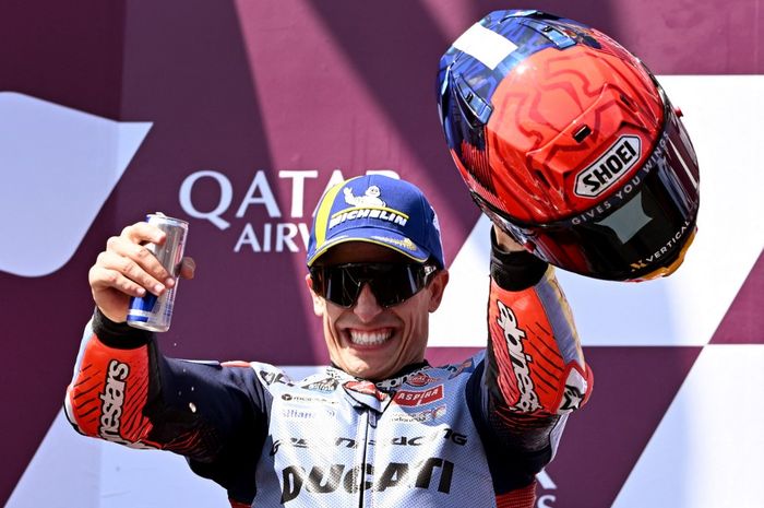 Pembalap Gresini, Marc Marquez, bereaksi di podium pertama MotoGP Australia 2024 di Sirkuit Phillip Island, Minggu (20/10/2024).