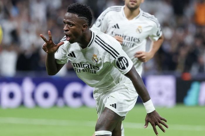 Selebrasi Vinicius Junior usai menjebol gawang Borussia Dortmund pada Liga Champions 2024-2025.