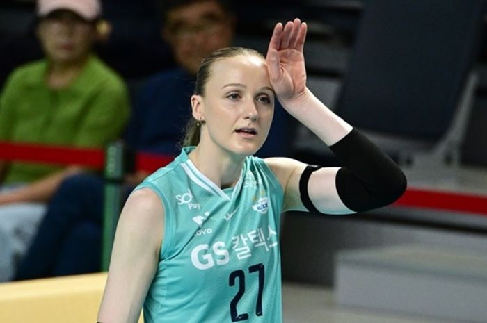 Outside hitter GS Caltex Seoul KIXX, Stephabie Weiler, belum tampil gereget pada laga ketiga Liga Voli Korea 2024/2024, 27 Oktober 2024.