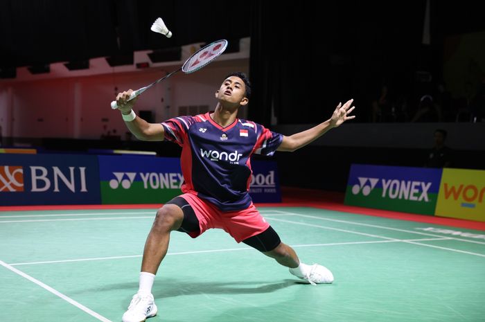 Pebulu tangkis tunggal putra Indonesia, Alwi Farhan, pada perempat final Indonesia Masters II 2024 di Jatim Expo, Surabaya, Jumat (1/11/2024).