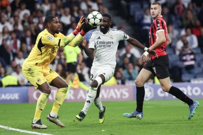 Aksi Antonio Ruediger dalam laga Real Madrid vs AC Milan pada lanjutan Liga Champions 2024-2025.