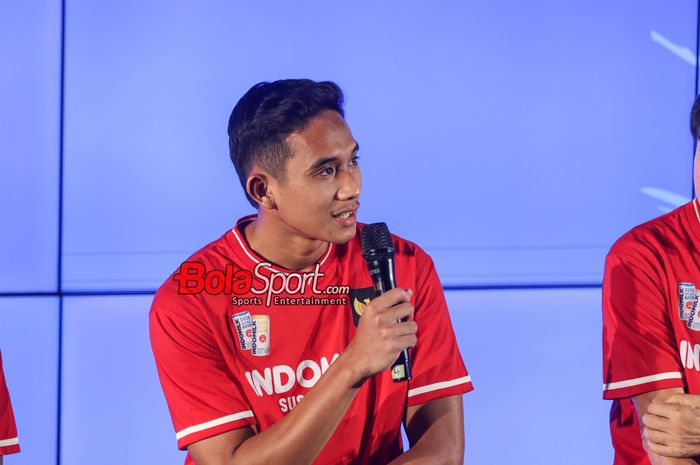 Pemain Timnas Indonesia, Rizky Ridho, saat hadir di Media Center Stadion Utama Gelora Bung Karno, Senayan, Jakarta, Kamis (7/11/2024).