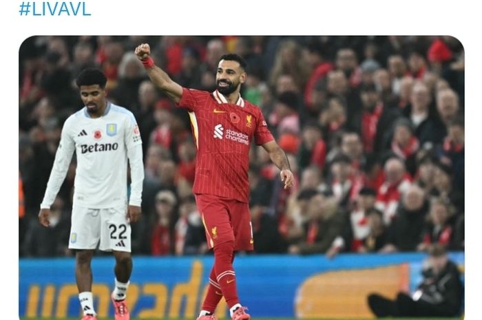 Winger Liverpool, Mohamed Salah, merayakan gol ke gawang Aston Villa pada laga pekan ke-11 Liga Inggris di Stadion Anfiel, Sabtu (9/11/2024).