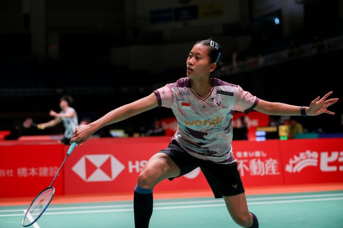 Tunggal putri Indonesia, Putri Kusuma Wardani, saat tampil pada babak pertama Kumamoto Masters Japan 2024 di Kumamoto Prefectural Gymnasium, Kumamoto, Jepang, 13 November 2024.