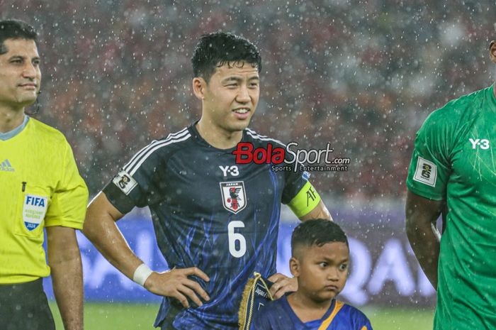 Pemain timnas Jepang, Wataru Endo, saat hadir di Stadion Utama Gelora Bung Karno, Senayan, Jakarta, Jumat (15/11/2024).