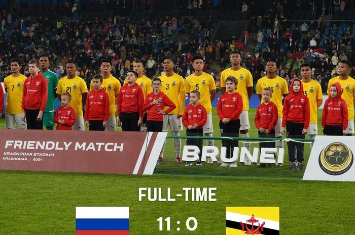 Timnas Brunei Darussalam harus menelan kekalahan telak 0-11 ketika melawan Rusia di Stadion Krasnodar, Rusia pada Jumat (15/11/2024).