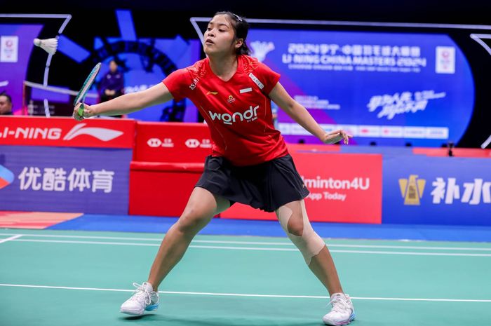 Tunggal putri Indonesia, Gregoria Mariska Tunjung, saat tampil pada babak pertama China Masters 2024 di Shenzhen Arena, Shenzen, China, 20 November 2024.