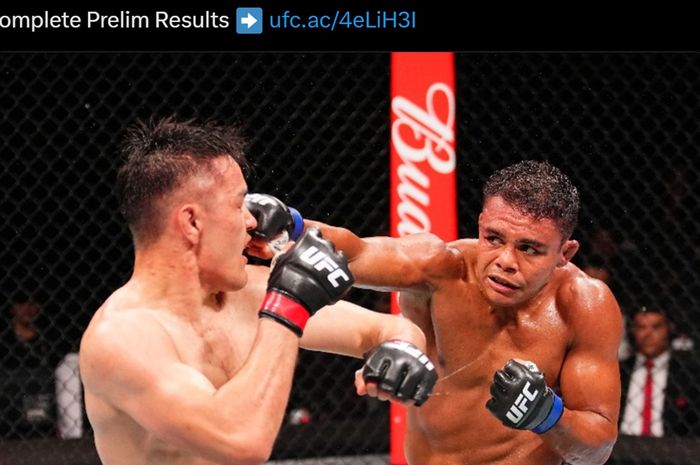 Momen bentrokan dari kelasnya Islam Makhachev yang mempertemukan Nikolas Motta (kanan) lawan Maheshati Hayisaer pada UFC Macau (23/11/2024).