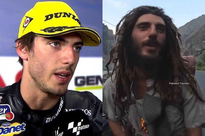 Kolase dari foto mantan pembalap grand prix, Axel Pons, ketika masih tampil di Moto2 pada musim 2015 dan dalam penampilan terbarunya sebagai musafir.