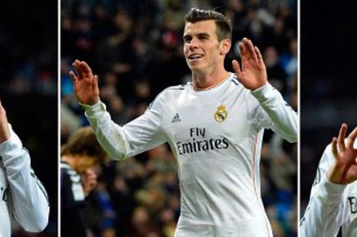 Gareth Bale merayakan tiga gol yang dicetaknya dalam laga Real Madrid vs Real Valladolid di Liga Spanyol pada 30 November 2013.
