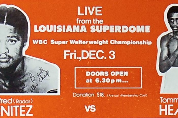 Poster pertarungan Thomas Hearns melawan Wilfred Benitez dalam perebutan sabuk juara kelas welter super WBC pada 3 Desember 1982 di Louisiana.