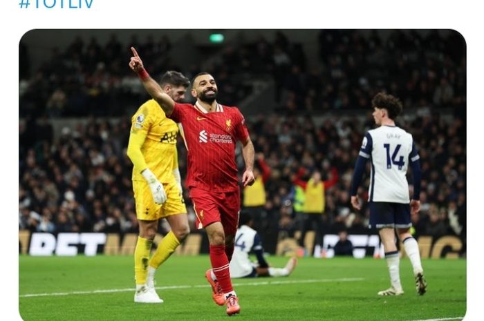 Selebrasi penyerang Liverpool, Mohamed Salah, pada laga Liga Inggris pekan ke-17 melawan Tottenham Hotspur di Stadion Tottenham Hotspur, Minggu (22/12/2024)