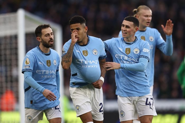 WInger Man City, Savinho, mencetak gol ke gawang Leicester City pada matchweek 19 Liga Inggris 2024-2025 di King Power Stadium, Minggu (29/12/2024).