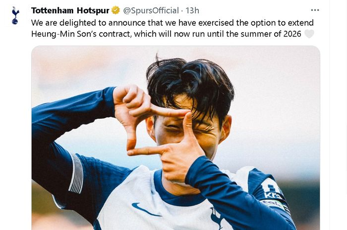 Tottenham Hotspur mengumumkan perpanjangan kontrak Son Heung-min sampai 30 Juni 2026.