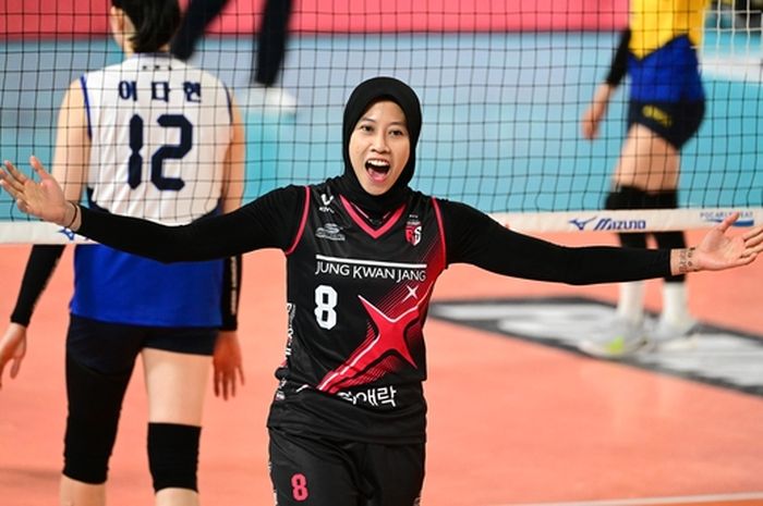 Pebola voli putri Daejeon JungKwanJang Red Sparks asal Indonesia, Megawati Hangestri Pertiwi, bereaksi pada laga satu laga Liga Voli Korea 2024-2025