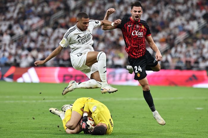 Aksi Kylian Mbappe pada babak semifinal Piala Super Spanyol antara Real Madrid dan Mallorca di King Abdullah Sports City, Kamis (9/1/2025).