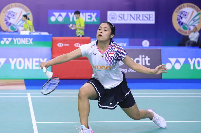 Aksi tunggal putri Indonesia, Gregoria Mariska Tunjung pada babak kedua India Open 2025 di Indira Gandhi Sports Complex, New Delhi, India, Kamis (16/1/2025).