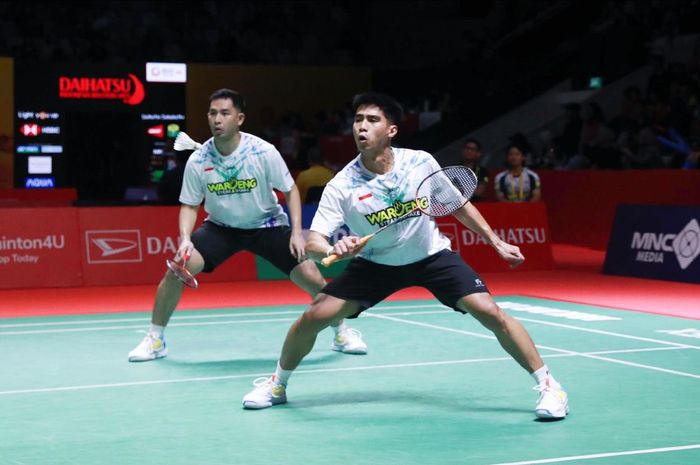 Ganda putra Indonesia, Moh Reza Pahlevi Isfahani dan Sabar Karyaman Gutama, saat tampil pada babak pertama Indonesia Masters 2025 di Istora Gelora Bung Karno, Senayan, Jakarta, 21 Januari 2025.