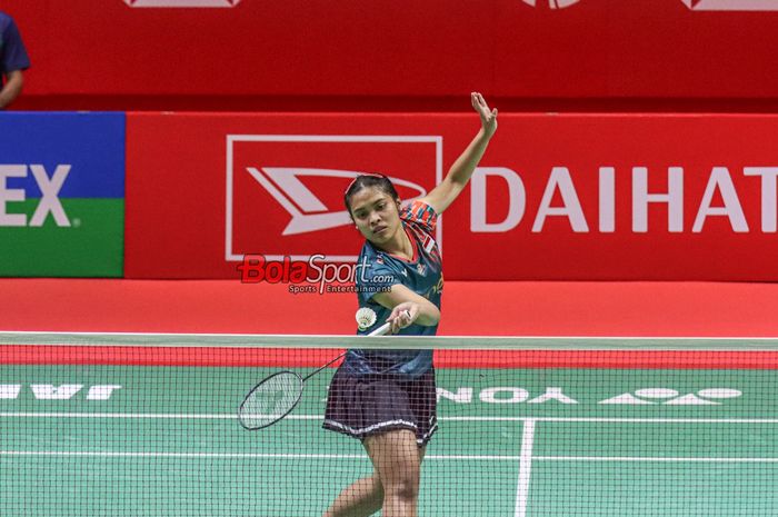 Atlet bulu tangkis tunggal putri Indonesia, Gregoria Mariska Tunjung, sedang bertanding pada Indonesia Masters 2025 di Istora, Senayan, Jakarta, Rabu (22/1/2025). 